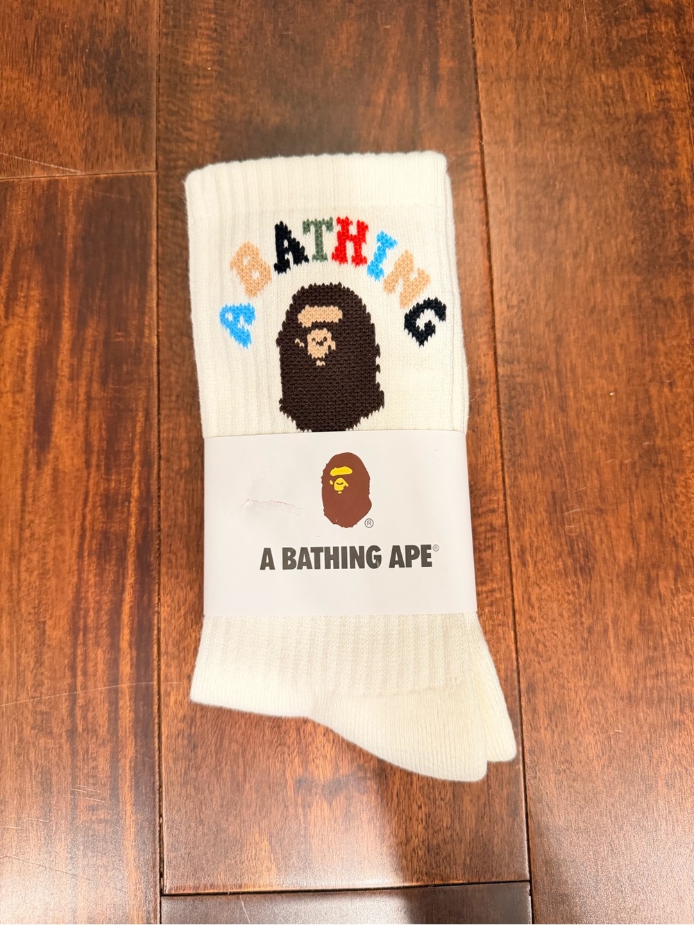 Bape White Crew Socks with Multicolor Logo